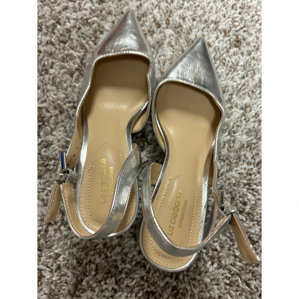 Liz Claiborne Womens Silver Metallic Slingback Block Heel Pointed Toe Pumps 6M